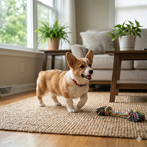 Chó Corgi con đang đi lại và chơi trong nhà, minh họa vận động phù hợp cho Corgi con