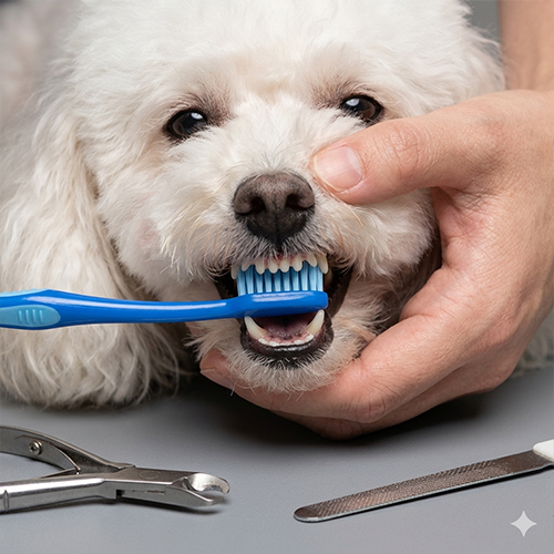 Hình ảnh vuông 500 pixel cận cảnh (macro) khuôn mặt một chú Poodle trắng. Một bàn tay đang giữ mõm và một bàn tay khác đang đánh răng bằng bàn chải nhỏ dành cho thú cưng. Ngay bên dưới là kềm bấm móng và dũa móng nằm gọn trong khung hình.