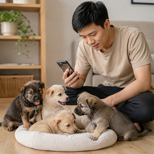 Người trẻ ngồi cạnh nhiều chó con và tìm thông tin giá chó con trên điện thoại