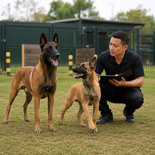 Người huấn luyện kiểm tra hai chó Malinois trên sân cỏ