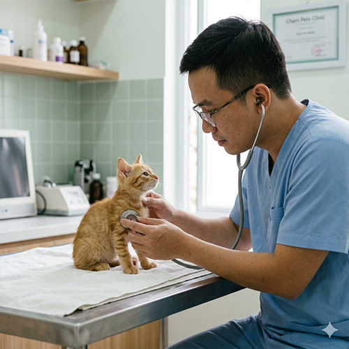 Bác sĩ thú y đang kiểm tra sức khỏe bằng ống nghe cho mèo con