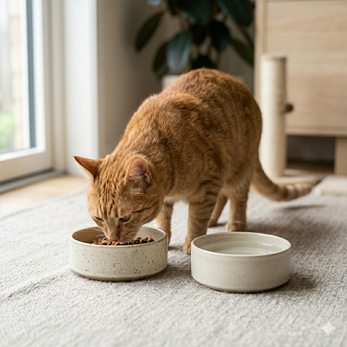 Mèo đang ăn từ bát sứ bền, an toàn tại Chạm Pets.