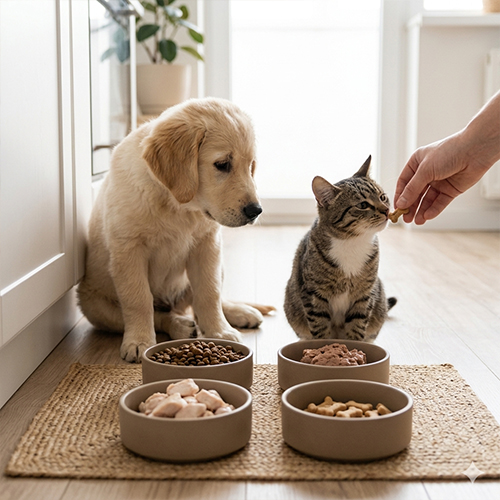 Bốn loại thức ăn phổ biến: hạt khô, pate, thức ăn tươi và bánh thưởng.