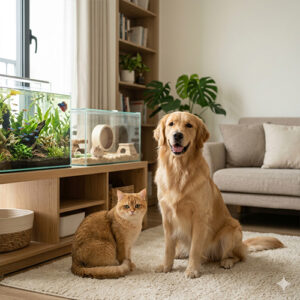 Ảnh đại diện tổng hợp các loại thú cưng phổ biến: chó, mèo, chuột hamster, cá cảnh tại Việt Nam.