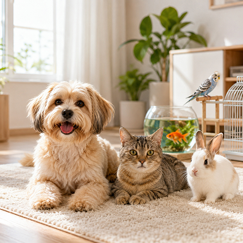 Chó mèo thỏ chim cảnh và cá cảnh trong nhà, minh họa các nhóm thú cưng thường gặp