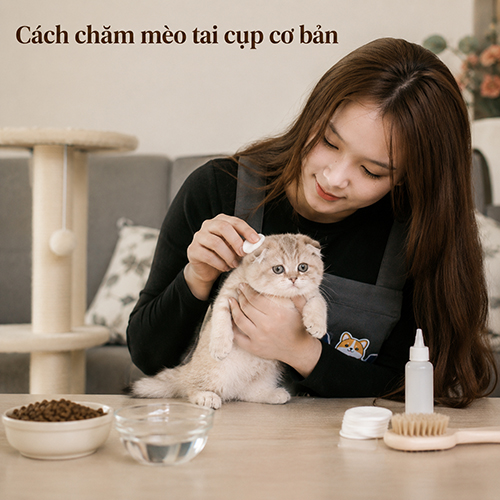 Người chăm bé mèo tại nhà với bát ăn, nước sạch và dụng cụ vệ sinh