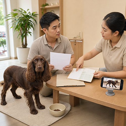 Người mua đối chiếu hồ sơ và video chó Cocker màu nâu
