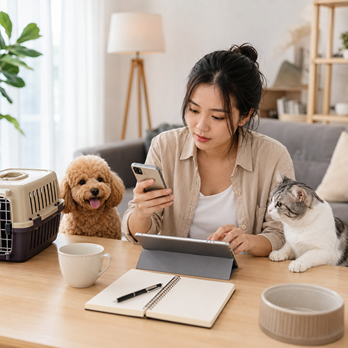 Người nuôi kiểm tra thông tin cửa hàng thú cưng trên điện thoại trước khi đến