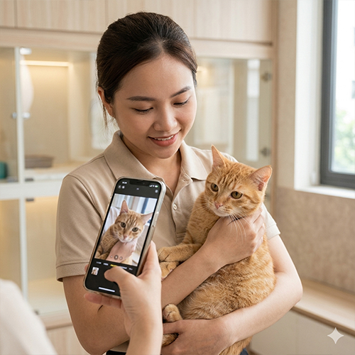 Nhân viên Chạm Pets chụp ảnh mèo gửi cho chủ trong thời gian trông giữ