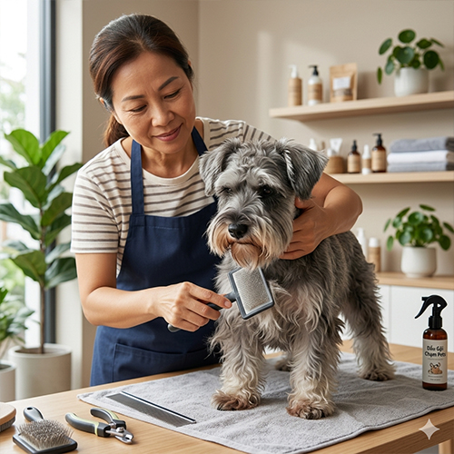 Chuyên viên đang chải lông cho chó Miniature Schnauzer tại spa