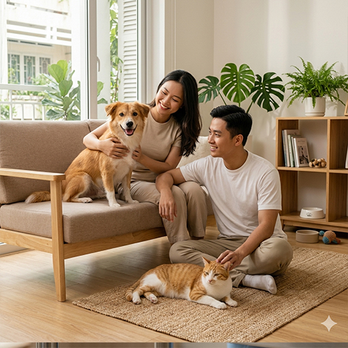 Gia đình hạnh phúc cùng chó và mèo trong không gian sống ấm cúng.