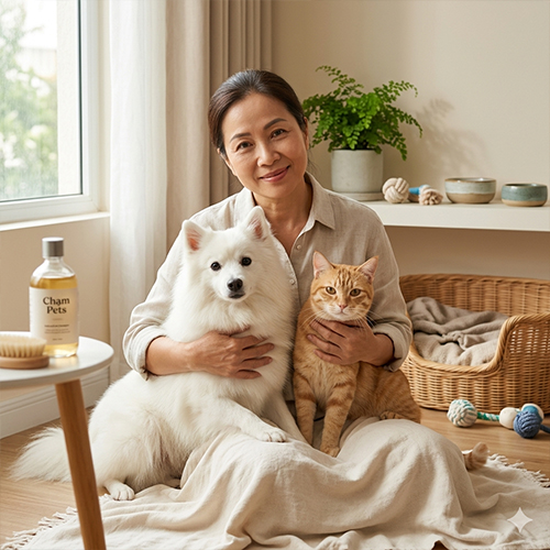 Chủ nhân đang ôm âu yếm chó và mèo cưng tại nhà