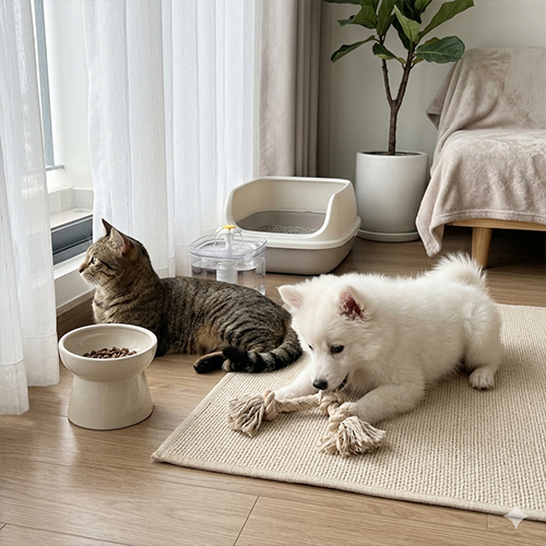 Thú cưng trong môi trường sống sạch sẽ, đầy đủ phụ kiện.