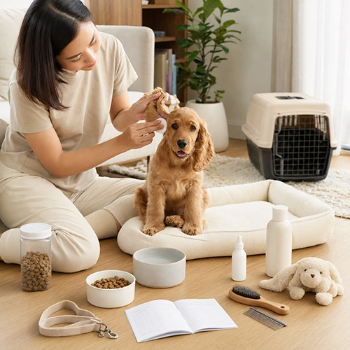 Người nuôi vệ sinh tai chó Cocker bên các đồ dùng chăm sóc