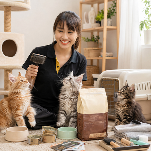Người nuôi chuẩn bị thức ăn và đồ dùng chăm sóc mèo Maine Coon