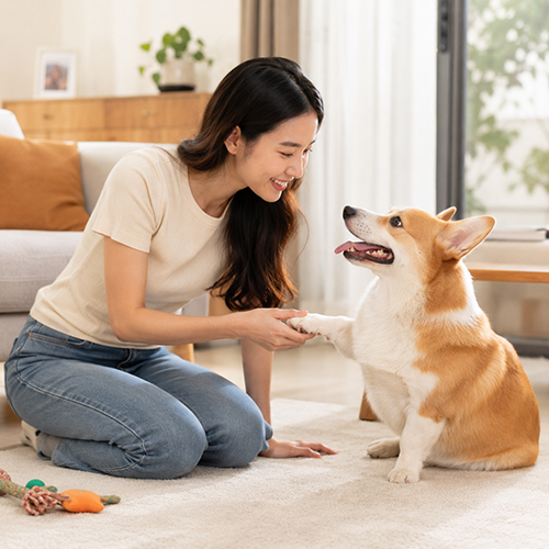 Người nuôi tương tác với chó Corgi trong phòng khách