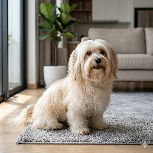 Chú chó Havanese lông dài mượt mà ngồi trên thảm phòng khách hiện đại.