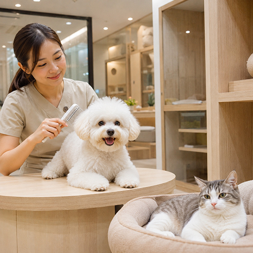 Nhân viên chải lông cho chó trong khu spa thú cưng, mèo nằm nghỉ bên cạnh