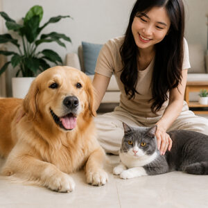 Chó mèo cảnh sống cùng gia đình trong không gian phòng khách ấm áp
