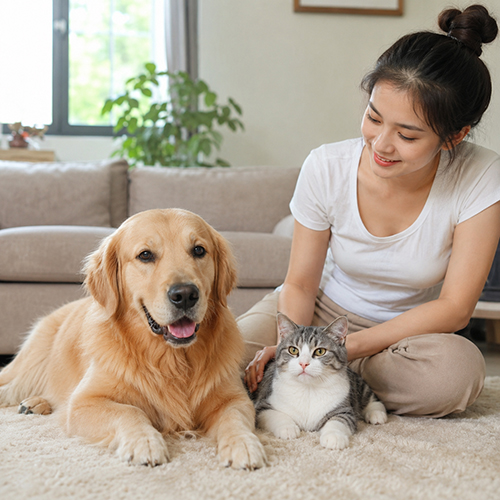 Chó và mèo nằm trong phòng khách cùng người nuôi, minh họa thú cưng phổ biến trong gia đình