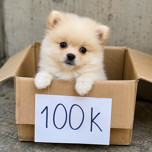 Chó Phốc Sóc con trong thùng carton với biển giá 100k cảnh báo rủi ro khi mua chó giá rẻ