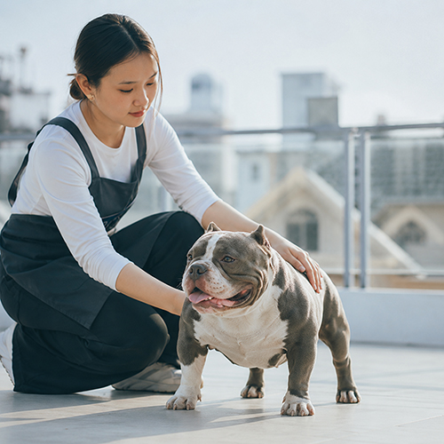 Chó Bully thân thấp gọn, ngực rộng, đứng cạnh người chăm sóc