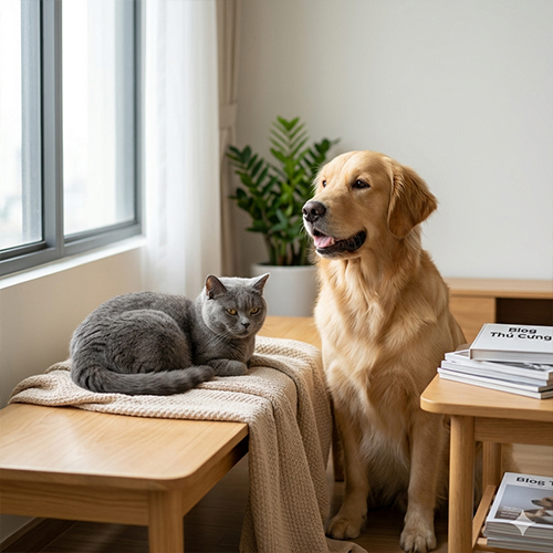 Một chú chó Poodle nhỏ và một chú mèo Anh lông ngắn cùng ngồi hòa thuận trên ghế sofa trong nhà phố Việt Nam.