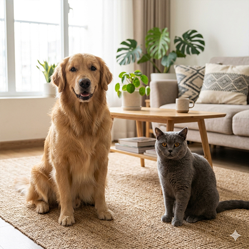 Chú chó Golden Retriever lông vàng óng ngồi trong phòng khách ấm áp tại một ngôi nhà ở Việt Nam.
