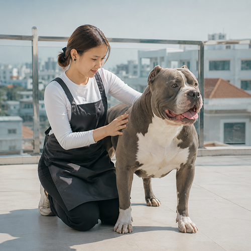 Chó Bully thân lớn, ngực rộng, đứng cạnh người chăm sóc