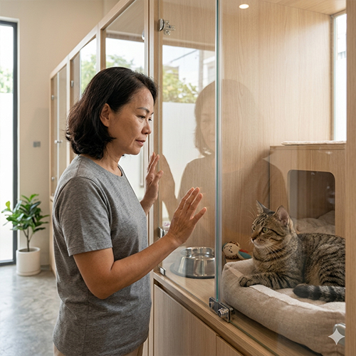 Khách hàng quan sát môi trường khách sạn thú cưng trước khi quyết định gửi bé