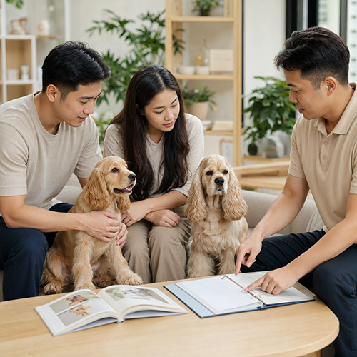 Gia đình được tư vấn chọn hai chó Cocker phù hợp nhu cầu