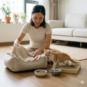 Người chủ chuẩn bị giường nằm sạch sẽ, ấm áp cho mèo con trong không gian sống tại nhà.