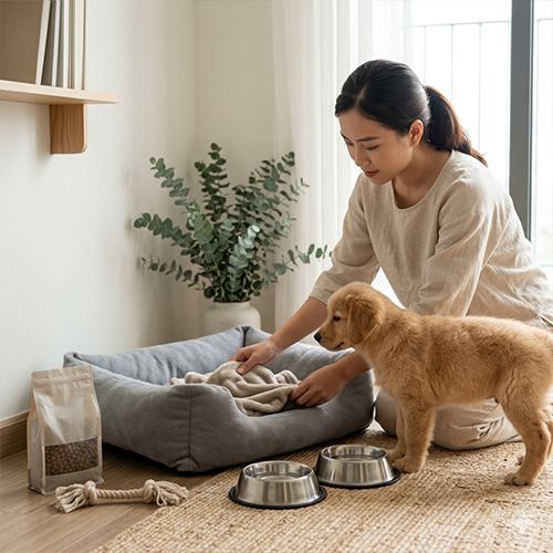Một người chủ đang sắp xếp ổ nằm êm ái và bát ăn cho chú chó Golden Retriever puppy trong một góc phòng khách gia đình ấm cúng.
