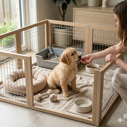 Chó con trong quây gỗ thoáng mát tại Chạm Pets.