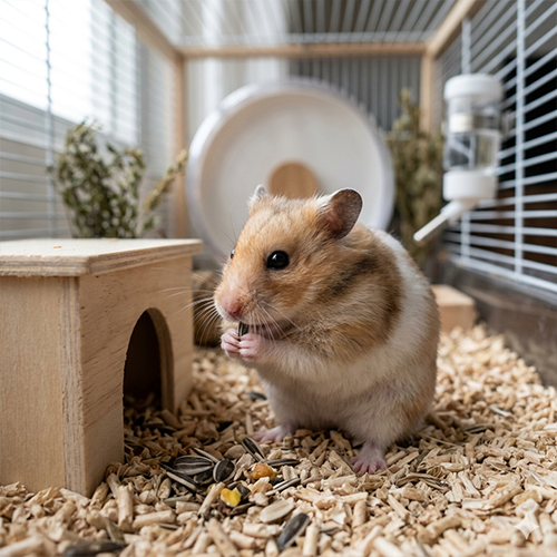 Chú chuột hamster Syria nhỏ nhắn, bộ lông mềm mại màu vàng trắng, đang ăn trong chuồng.