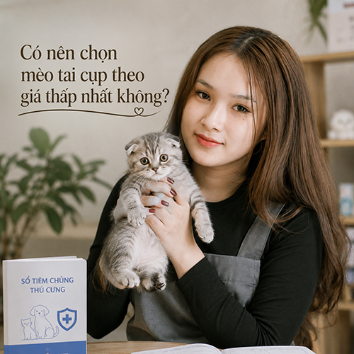 Người đang bế mèo tai cụp xám, minh họa việc chọn mèo theo sức khỏe và thông tin chăm sóc thay vì chỉ nhìn giá