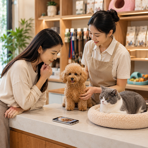 Khách hàng quan sát chó mèo trực tiếp tại cửa hàng thú cưng trước khi quyết định