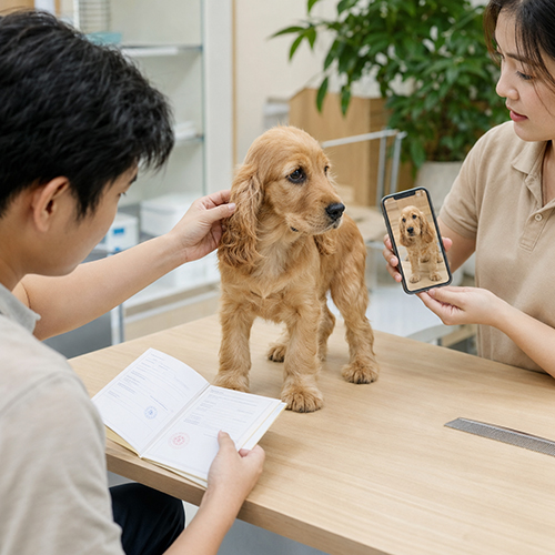 Người mua kiểm tra tai chó Cocker và đối chiếu video, sổ tiêm