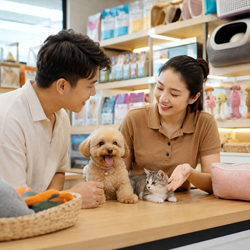 Khách hàng được tư vấn tại cửa hàng thú cưng với chó mèo cảnh trên quầy