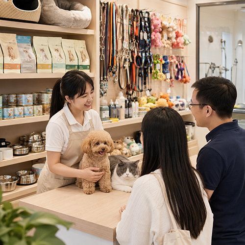 Cửa hàng thú cưng có chó mèo, thức ăn, phụ kiện, đồ chơi và đồ chăm sóc