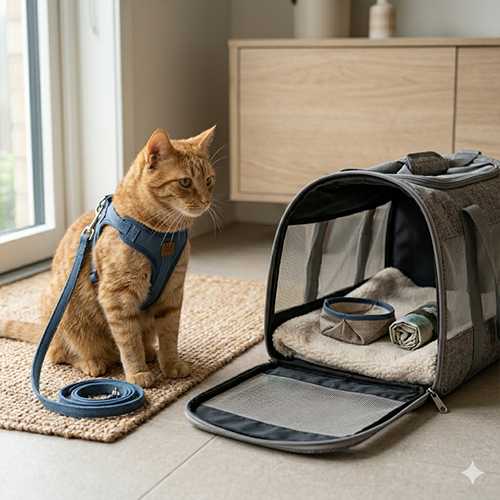 Mèo đeo yếm và túi vận chuyển an toàn tại Chạm Pets.