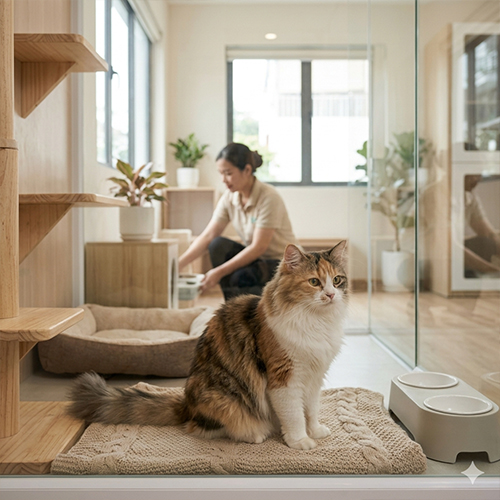 Nhân viên đang hỗ trợ chăm sóc mèo tại spa thú cưng chuyên nghiệp.