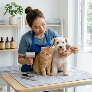 Một nhân viên spa thú cưng đang tắm sấy và chải lông cho một chú chó trắng và một chú mèo vàng cùng một lúc trong không gian spa sạch sẽ tại Chạm Pets.