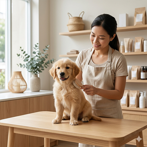 Nhân viên shop đang ân cần chải lông và sử dụng máy sấy cho chú chó Golden Retriever con trong một khu vực spa chuyên nghiệp.
