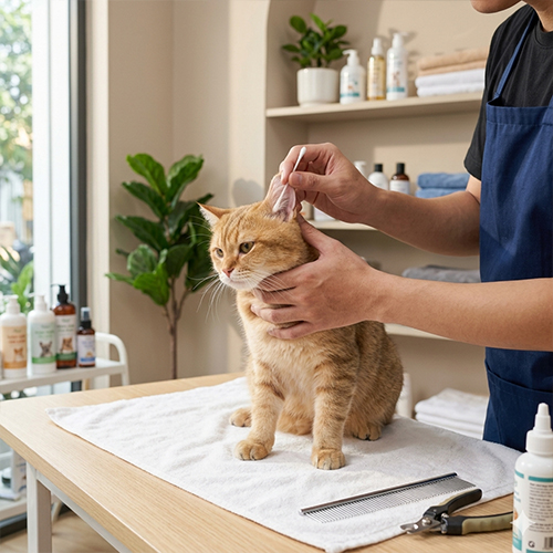 Chuyên viên thực hiện vệ sinh kỹ lưỡng vùng tai cho mèo cưng
