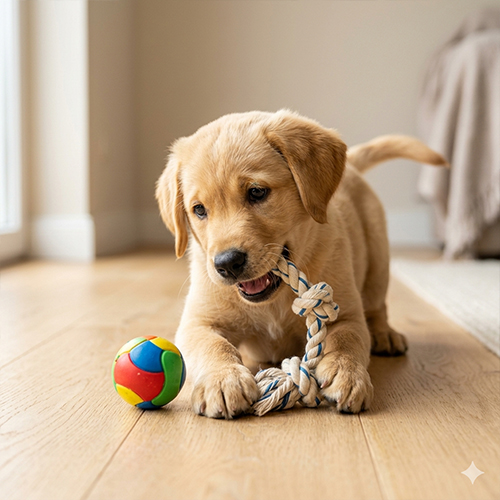 Chó con Golden Retriever đang chơi đùa với bóng và dây thừng tại Chạm Pets.