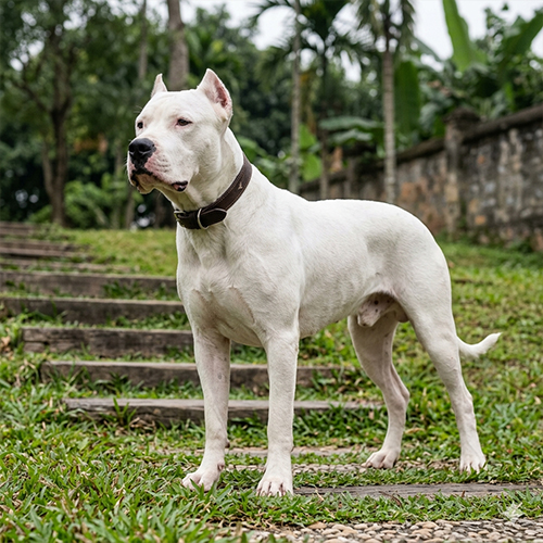 Chú chó Dogo Argentino lông trắng cơ bắp đứng trên lối đi sân vườn, minh họa cho giống chó săn mạnh mẽ.