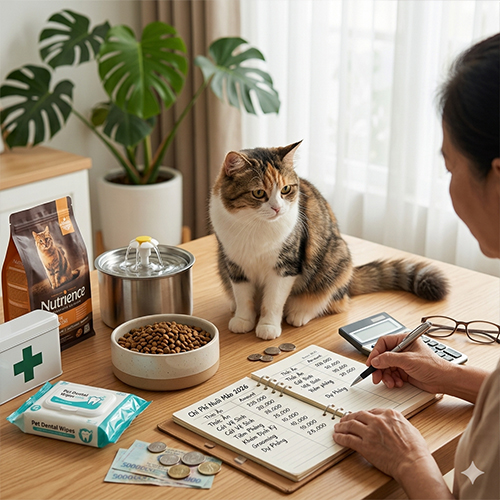 Người chủ đang lập bảng tính chi phí nuôi mèo bên cạnh chú mèo cưng.