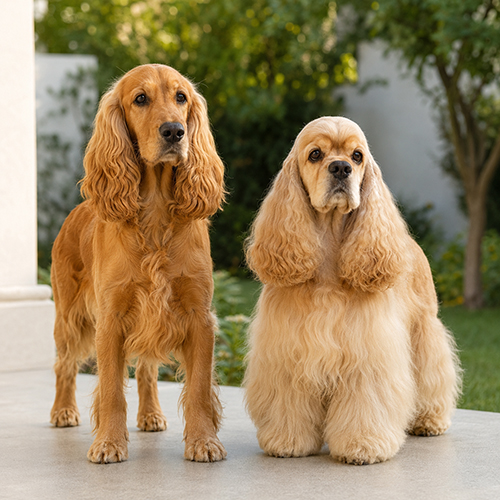 English Cocker màu vàng đứng cạnh American Cocker màu kem