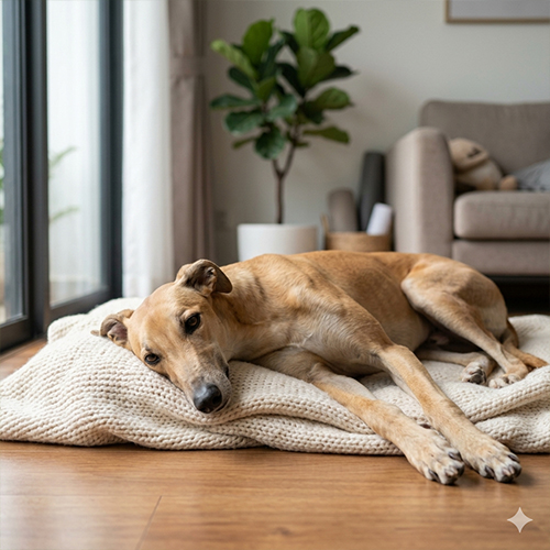 Greyhound đang trong tư thế nghỉ ngơi thanh lịch.